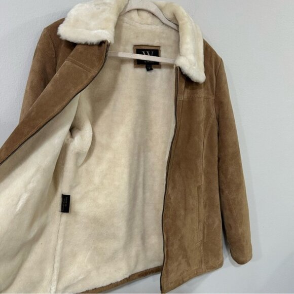 New York By Winlit Leather Tan Full Zip Coat Jacket Faux Fur Women’s Size Medium - Picture 5 of 8